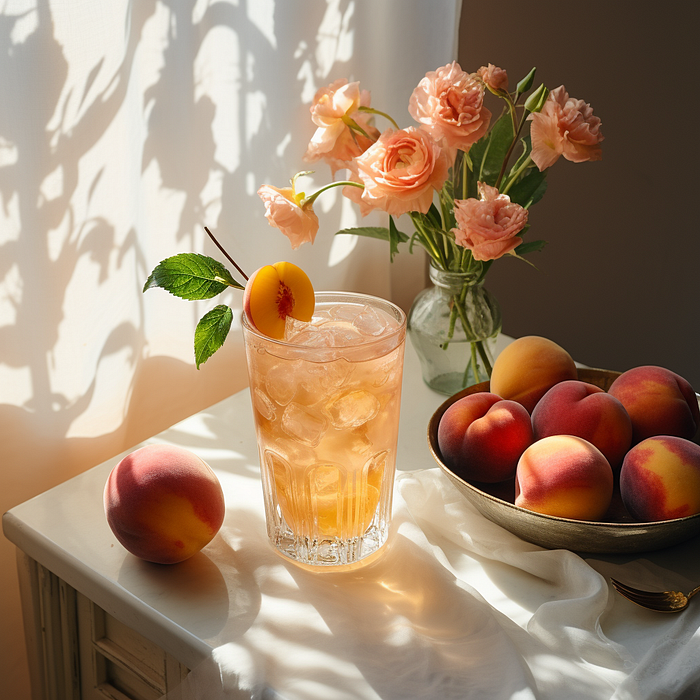 Midjourney Food Photography Prompts, A glass of peach soda on Marble Stone