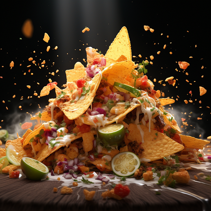 Midjourney Best Food Photography Prompts, Nachos hitting on the table