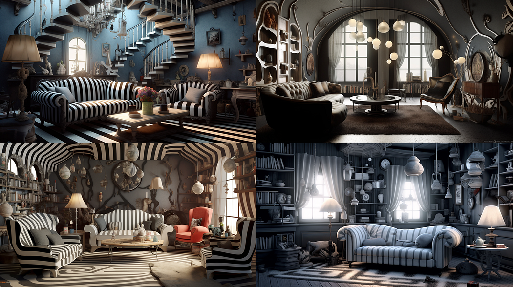 Interior design of a living room, by Tim burton, created with Midjourney